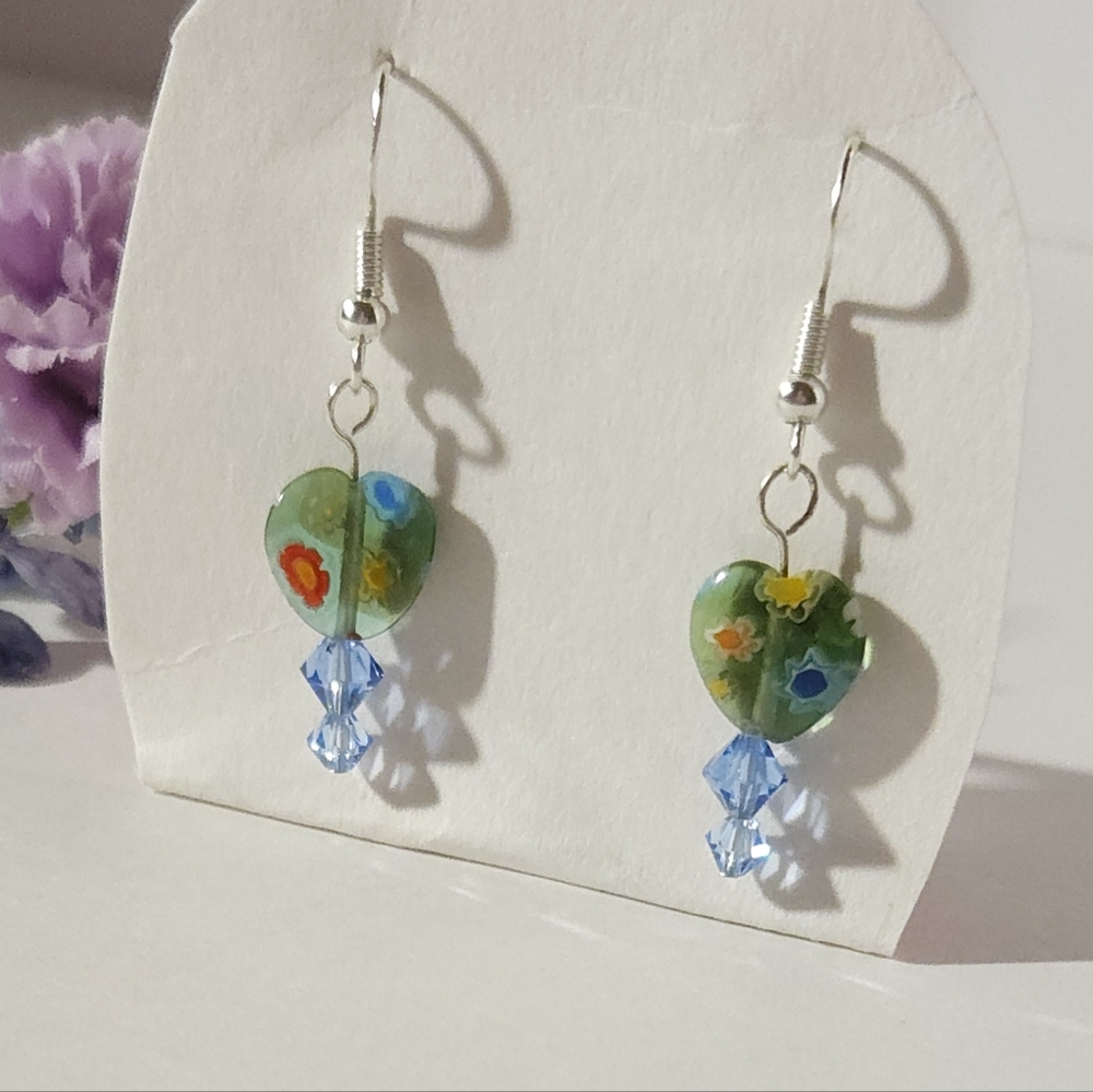 Handmade Murano Heart Millefiori Flowers & Crystal Dangle Earrings Sterling